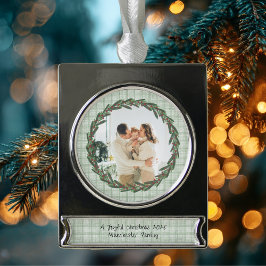 Vintage Green Plaid Photo Christmas Banner-Ornament Silber