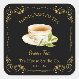 Vintage Green Tea Square Label Quadratischer Aufkleber