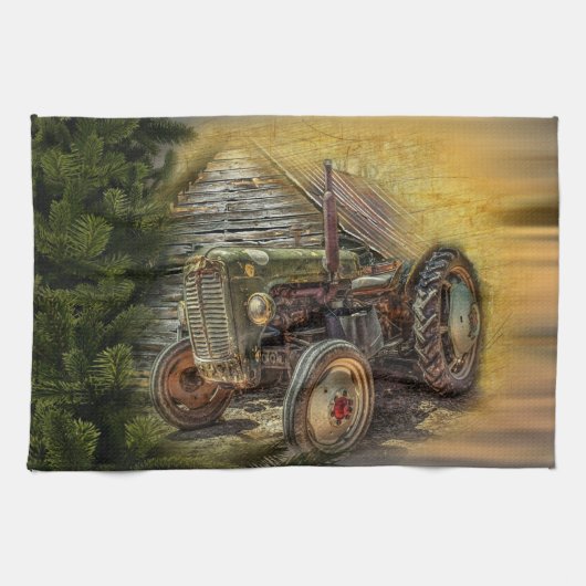 Vintage Green Tractor Rustic Old Barn Geschirrtuch (Horizontal)