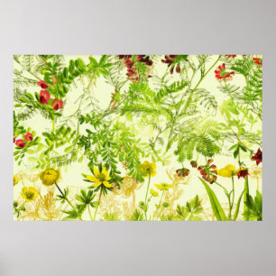 Vintage Green Woodland Botanical Leaves Wildflower Poster
