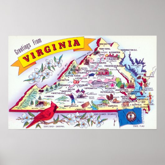 Vintage Greetings From Virginia Map Travel Poster (Vorne)