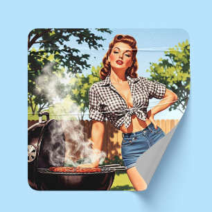 Vintage Grill Pin-up Quadratischer Aufkleber
