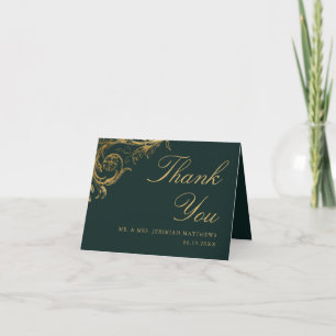 Vintage Grün Gold Blumen Damast Foto Hochzeit Dankeskarte