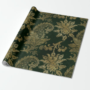 Vintage Grün & Gold Kunstblumen Weihnachten Velour Geschenkpapier