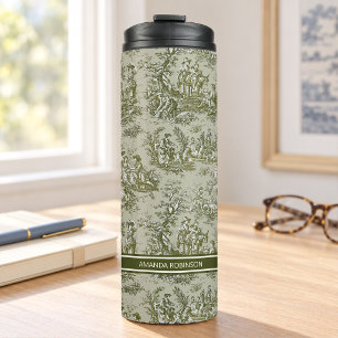 Vintage grün-graue Toile-de-Jouy-Drucke Thermosbecher