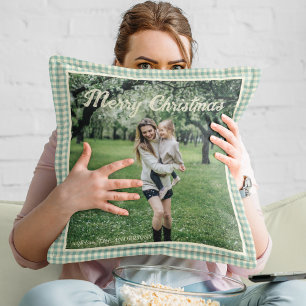 Vintage-Grün kariert Gingham rustikales Weihnachts Kissen