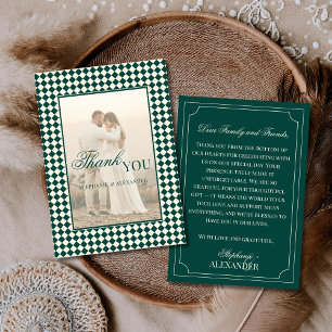 Vintage grün kariert Old Money Foto Hochzeit Dankeskarte