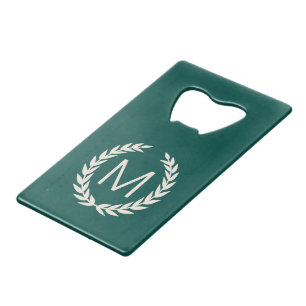Vintage Grün & Leinen Weißen Lorbeerkranz Monogram Kreditkartenflaschenöffner