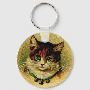 Vintage Grün-Mit Augen Katze mit Klingel Bell Schlüsselanhänger