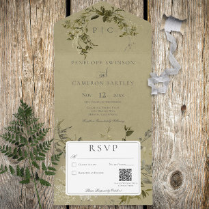 Vintage-Grün-Monogramm-QR-Code All In One Einladung