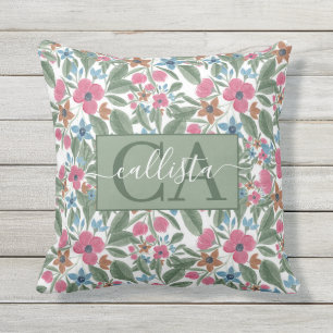 Vintage Grün Pink Blau Wasserfarben Blumenmuster Kissen