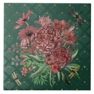 Vintage Grün Rosa Floral Libellen Fliese