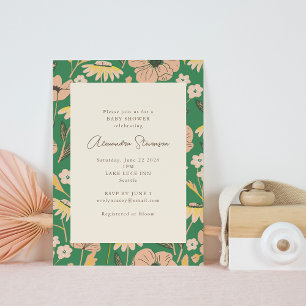 Vintage-Grün-Rosa-Garten-Blumen-Baby-Party Einladung