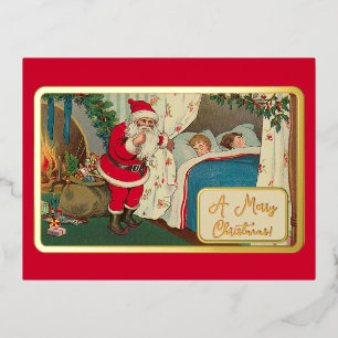 Vintage Grün Rote Weihnachtsabend Santa-Geschenke Folien Feiertagspostkarte
