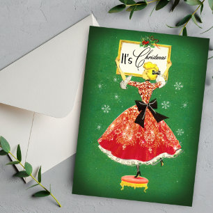 Vintage Grün Rotes Glitter Weihnachts Mädchen Feiertagskarte