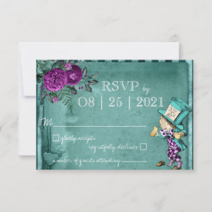 Vintage grüne Alice im Wunderland Hochzeit RSVP Karte