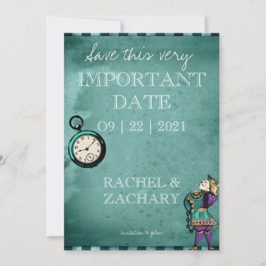 Vintage Grüne Alice im Wunderland Hochzeit Save The Date (Vorderseite)