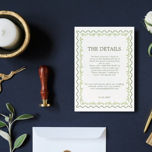 Vintage grüne Blumenrahmen rustikale Hochzeitsdeta Begleitkarte