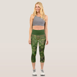 Vintage grüne Damaskus-Leggings, Retro-Blumendruck Capri Leggings