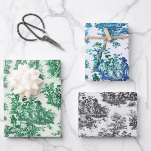 Vintage grüne Floral Toile Jouy Geschenkpapier Set