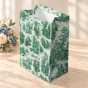 Vintage grüne Floral Toile Jouy Monogramm Mittlere Geschenktüte
