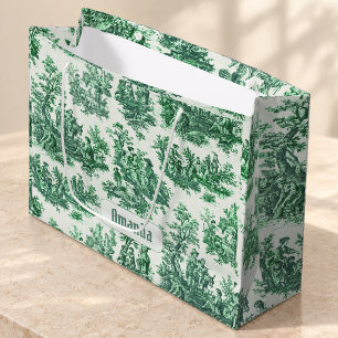 Vintage grüne florale Toile Jouy Monogramm Große Geschenktüte