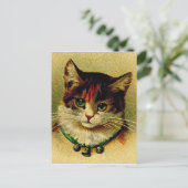 Vintage grüne Mit Augen Katze mit Jingle Bells Postkarte (Stehend Vorderseite)