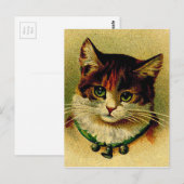 Vintage grüne Mit Augen Katze mit Jingle Bells Postkarte (Vorne/Hinten)