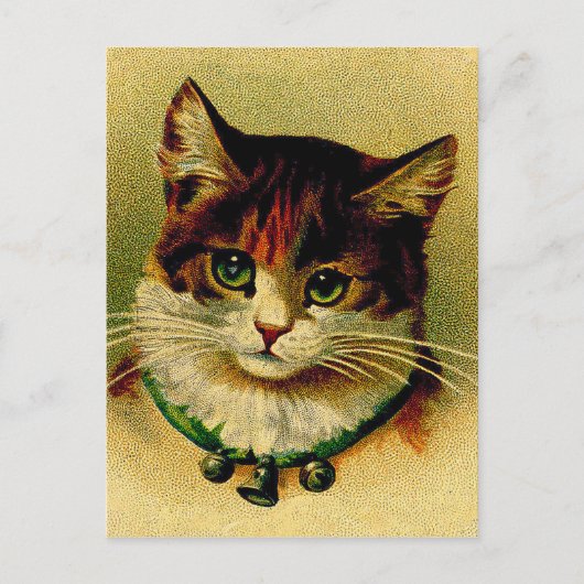 Vintage grüne Mit Augen Katze mit Jingle Bells Postkarte (Vorderseite)