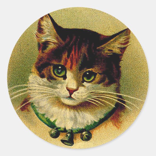 Vintage grüne Mit Augen Katze mit Jingle Bells Runder Aufkleber (Vorderseite)