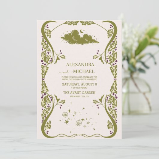 Vintage grüne mystische botanische Hochzeit Einladung (Stehend Vorderseite)