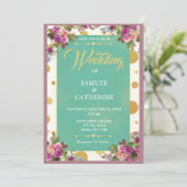 Vintage grüne Punkte Rosa Bläserblütenhochzeit Einladung (Stehend Vorderseite)