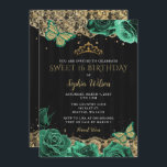 Vintage grüne Rose Black Gold Lace Sweet 16 Einladung<br><div class="desc">Elegante Vintage Smaragdgrüne Rose Schmetterlinge Schwarze goldene Spitzen Sweet 16 Geburtstag Einladung</div>