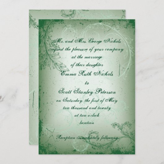 Vintage, grüne Scrollblatthochzeit Einladung (Vorne/Hinten)