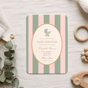 Vintage grüne und rosa gestreifte Babyparty Einladung