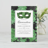 Vintage grüne und schwarze Masquerade Quinceañera Einladung (Stehend Vorderseite)