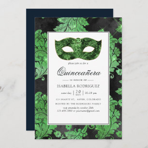 Vintage grüne und schwarze Masquerade Quinceañera Einladung