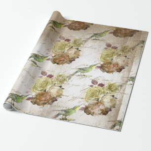 Vintage Grüne Vögel und Rosen Geschenkpapier