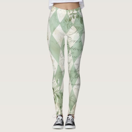 Vintage grüner Harlekin-Blumen-Script Leggings (Vorderseite)