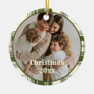Vintage grüner Karo Familienfoto Weihnachten Keramik Ornament