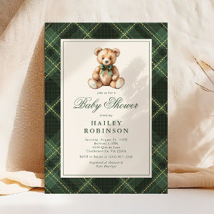 Vintage-grüner Karo-Klassiker-Teddybär-Baby-Party Einladung