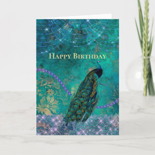 Vintage-grüner-lila-Pfau-Aquarell-Geburtstag Karte