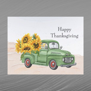 Vintage-grüner-LKW-Sonnenblumen-Thanksgiving Feiertagspostkarte