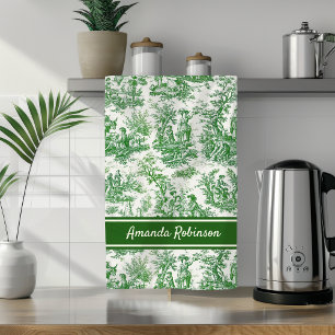 Vintage grüner Toile-de-Jouy-Druck Geschirrtuch