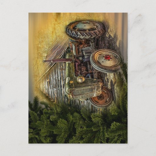 Vintage grüner Traktor rustikale alte Scheune Postkarte (Vorderseite)