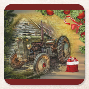 Vintage-grüner Traktor Scheune Weihnachten Rechteckiger Pappuntersetzer