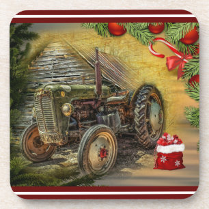 Vintage Grüner Traktor Scheunen-Weihnachtsgetränk- Getränkeuntersetzer