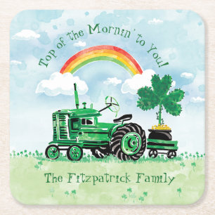 Vintage-grüner Traktor Shamrock mit Familienname Rechteckiger Pappuntersetzer
