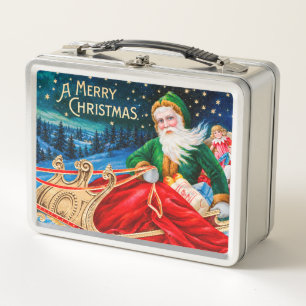 Vintage Grüner Weihnachtsmann-Schlitten Sternennac Metall Brotdose
