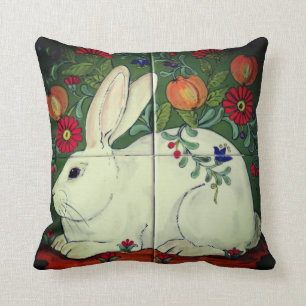 Vintage grüner weißer Hase Kaninchen Blumenfliese Kissen